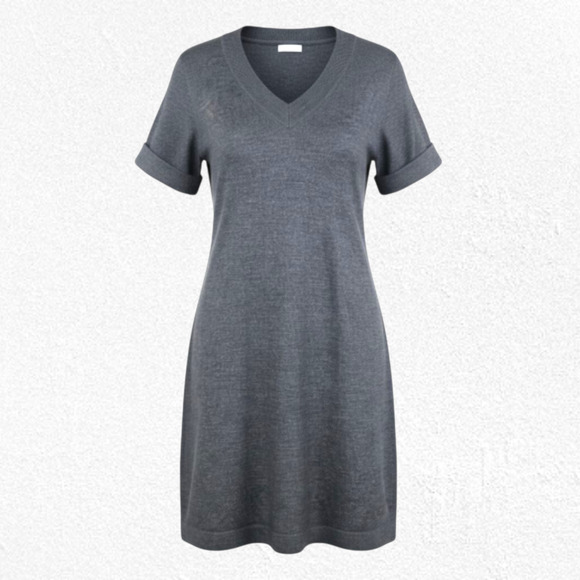 Calvin Klein Gray Merino Wool Blend Sweater Dress Short Sleeve V-Neck Medium - Picture 1 of 11